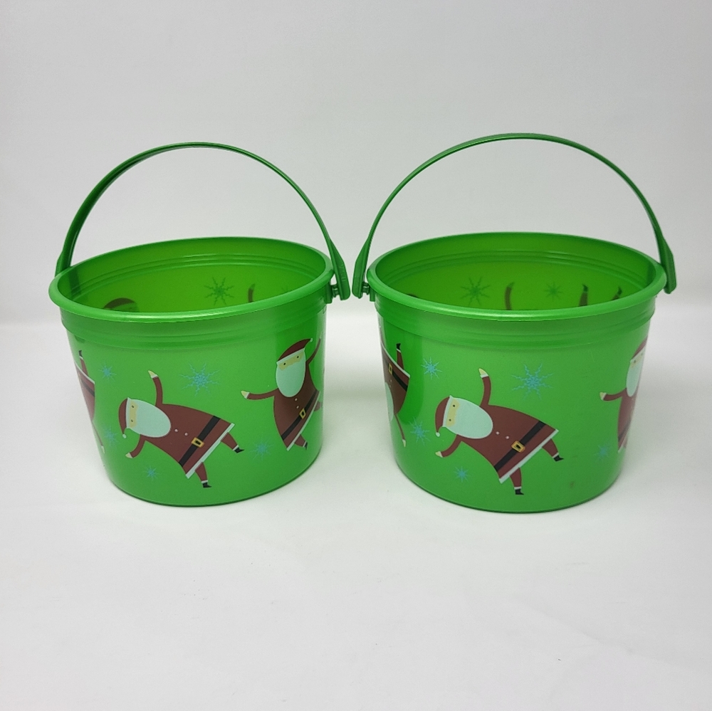 2 Santa Claus Plastic Bucket Bin Basket‎ Handles Green 1/2 Gallon